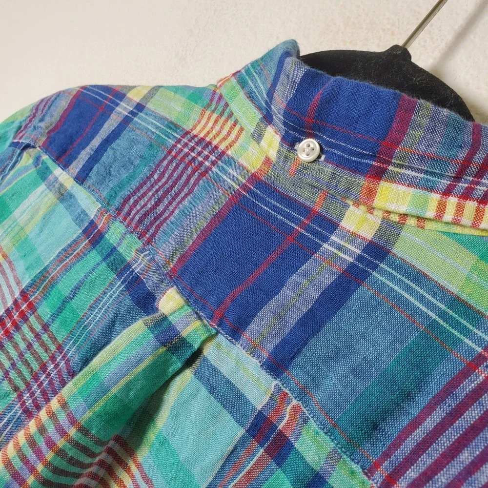 Ralph Lauren Multicolor Plaid Slub Linen Button Down Shirt Blue Green Youth Lg